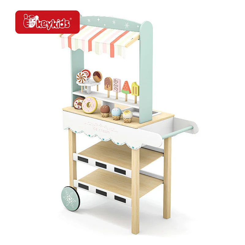 2 in 1 Wooden Toy Food Cart Wooden Kids Pretend Play Ice Cream Truck with Wheels W10A273